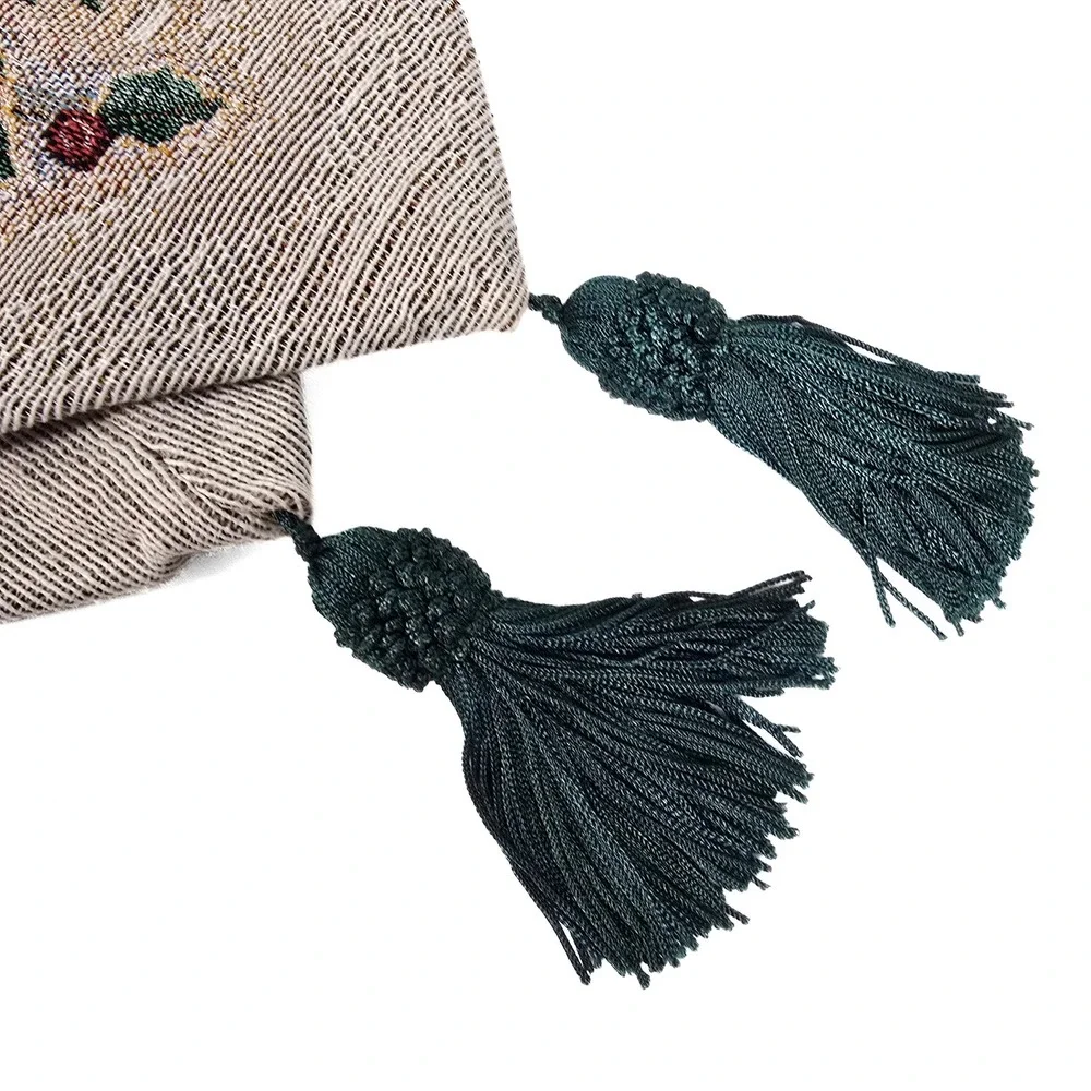 Christmas Woven Tapestry Table Runner Poinsettia Pinecone Tassel Green Red 70in